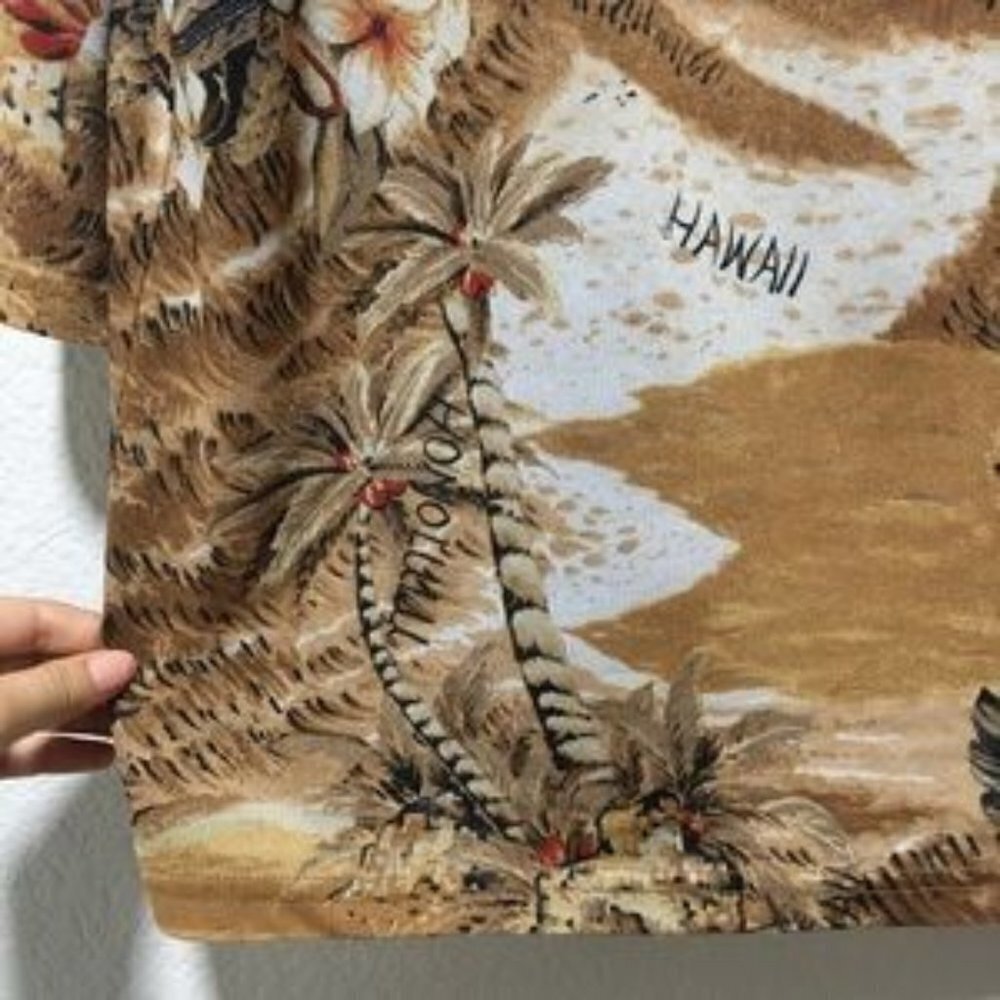 VTG Entity Daniel Benjamin Hawaiian Brown Blouse Palm Tree Bedazzled Lightweight - Picture 4 of 7